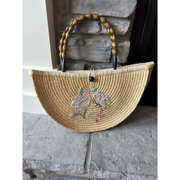 Boho Half Moon Bag Straw Embroidered Floral Prairie Feminine Wooden Handle - Picture 1 of 10